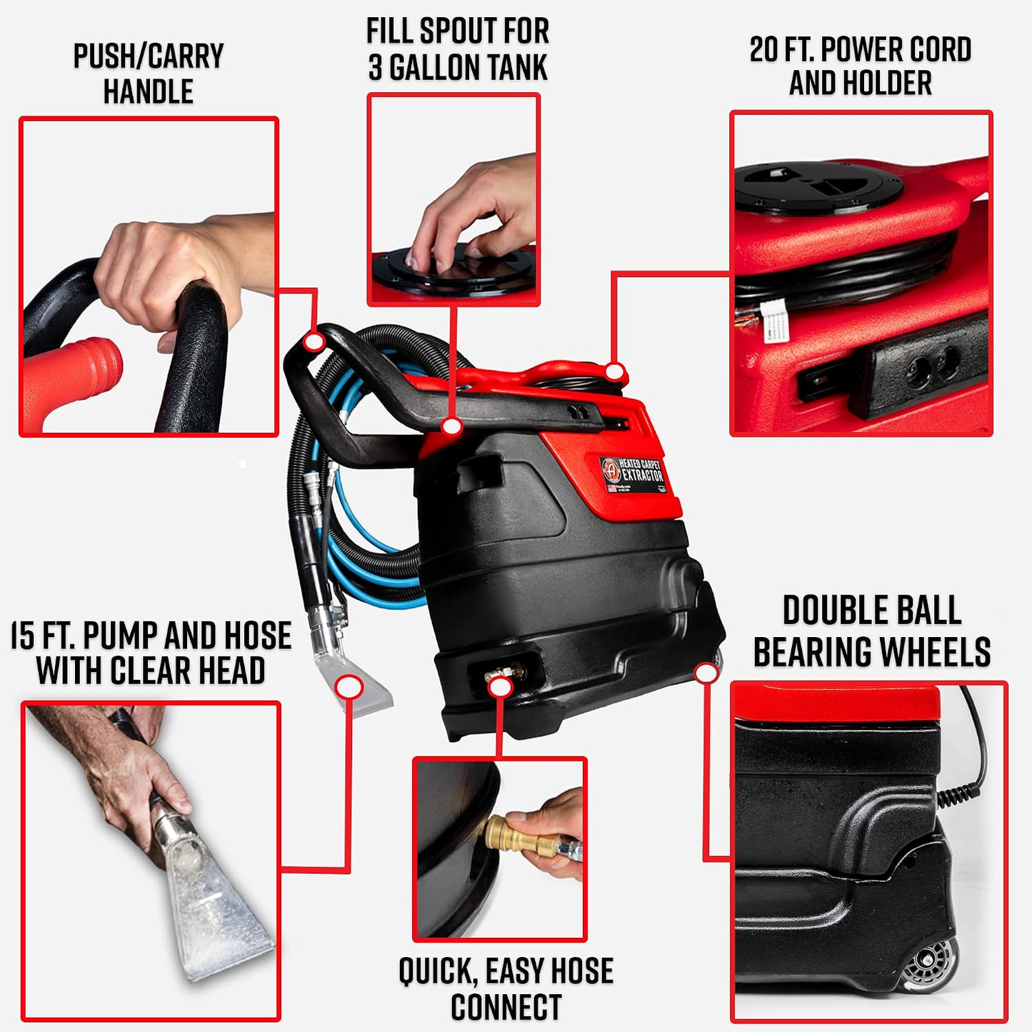 Heated Carpet Extractor - Powerful 200 Degree Spot and Upholstery Cleaner, Clear Head Hand Tool, 15 Foot Hose, Easy Dirt and Spot Removal for Vehicles
