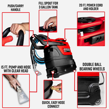 Heated Carpet Extractor - Powerful 200 Degree Spot and Upholstery Cleaner, Clear Head Hand Tool, 15 Foot Hose, Easy Dirt and Spot Removal for Vehicles