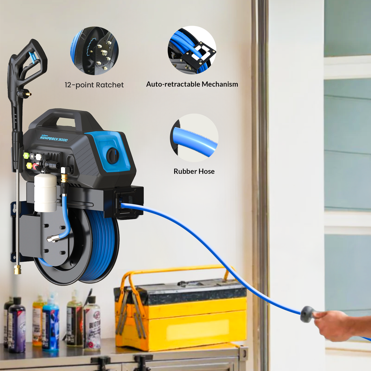 BluShield HumpBack 3000 PSI Pressure Washer | 50 ft Hose Reel