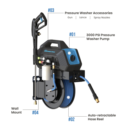 BluShield HumpBack 3000 PSI Pressure Washer | 50 ft Hose Reel
