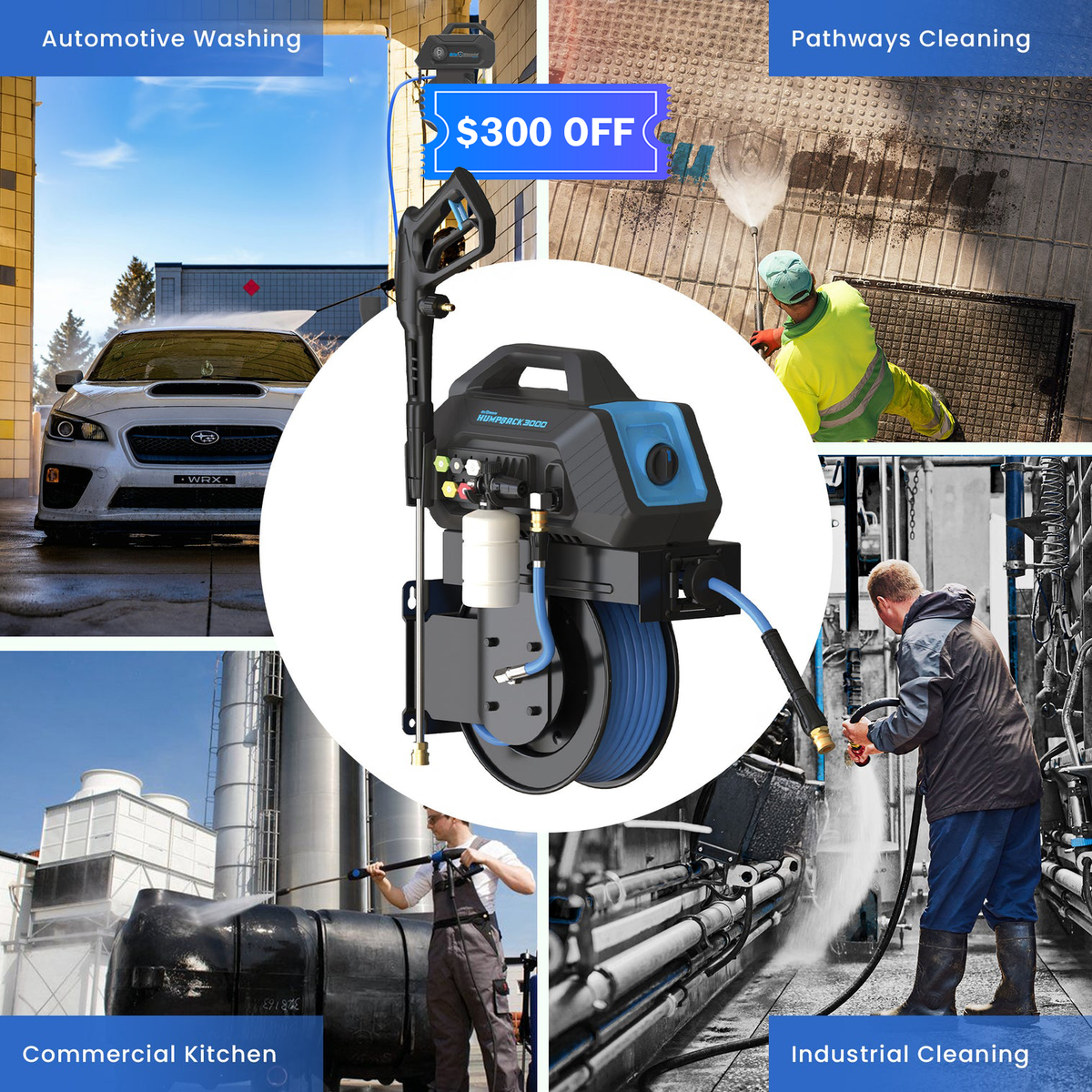 BluShield HumpBack 3000 PSI Pressure Washer | 50 ft Hose Reel