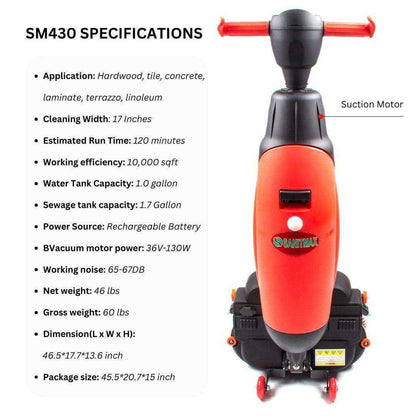 SUNMAX SM430 17" Walk-Behind Floor Scrubber | Lithium Battery