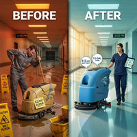 641244 Auto Floor Scrubber 20 In. Cleaning Path, Traction Drive, Two 115 Amp Batteries - Blue — Before & After