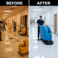 Auto Floor Scrubber Built for Heavy-Duty Operations, 20 Inch Cleaning Path, Traction Drive, 4.5 Hour Runtime — Before & After