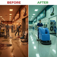 Auto Floor Scrubber Built for Heavy-Duty Operations, 20 Inch Cleaning Path, Traction Drive, 4.5 Hour Runtime — Before & After