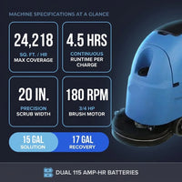 Auto Floor Scrubber Built for Heavy-Duty Operations, 20 Inch Cleaning Path, Traction Drive, 4.5 Hour Runtime — Results & Stats