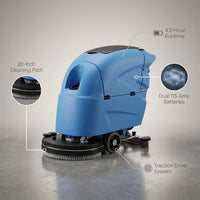 Auto Floor Scrubber Built for Heavy-Duty Operations, 20 Inch Cleaning Path, Traction Drive, 4.5 Hour Runtime — infographic