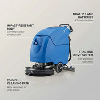 Auto Floor Scrubber Built for Heavy-Duty Operations, 20 Inch Cleaning Path, Traction Drive, 4.5 Hour Runtime — infographic